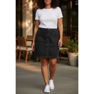 Lauren Ralph Lauren Black Denim Skirt Button Front Pockets Casual Chic Size 16 W